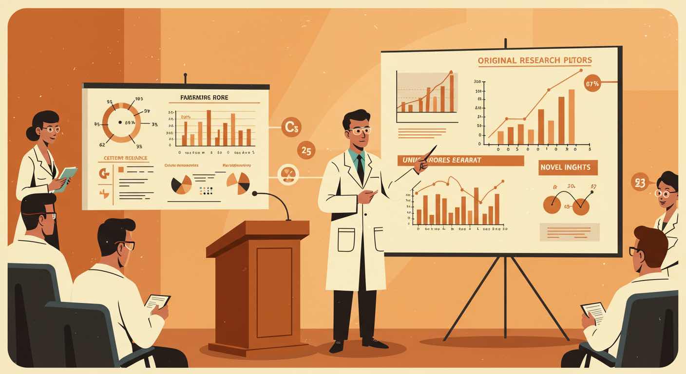 Illustration of a scientist presenting original research with citation markers, representing unique content that earns citations