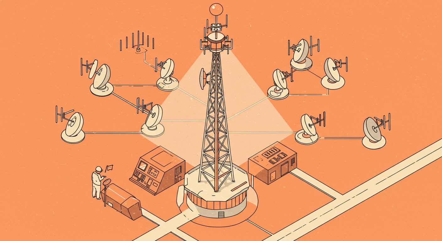 Illustration of content distribution showing a broadcasting tower sending signals to multiple receivers
