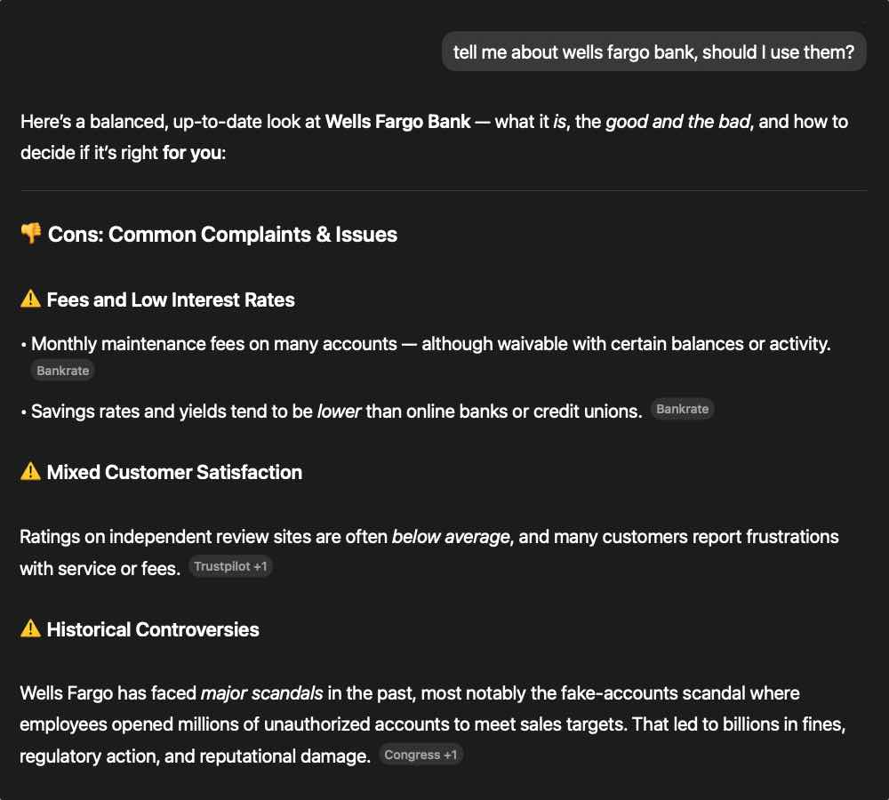 AI search automatically surfaces Wells Fargo's account scandal in general queries