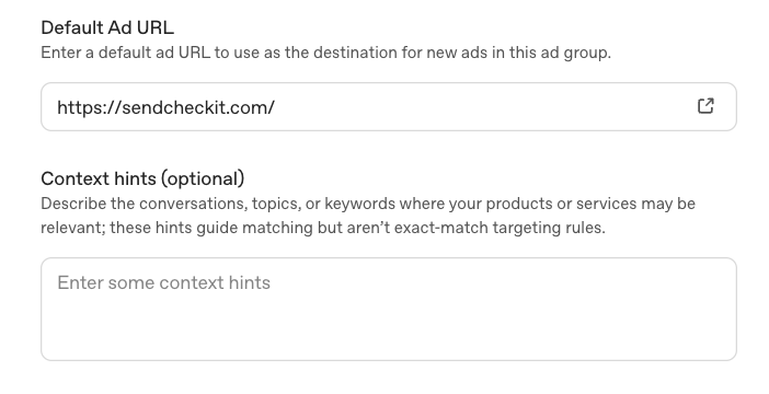 Context hints field in the OpenAI ad creation form