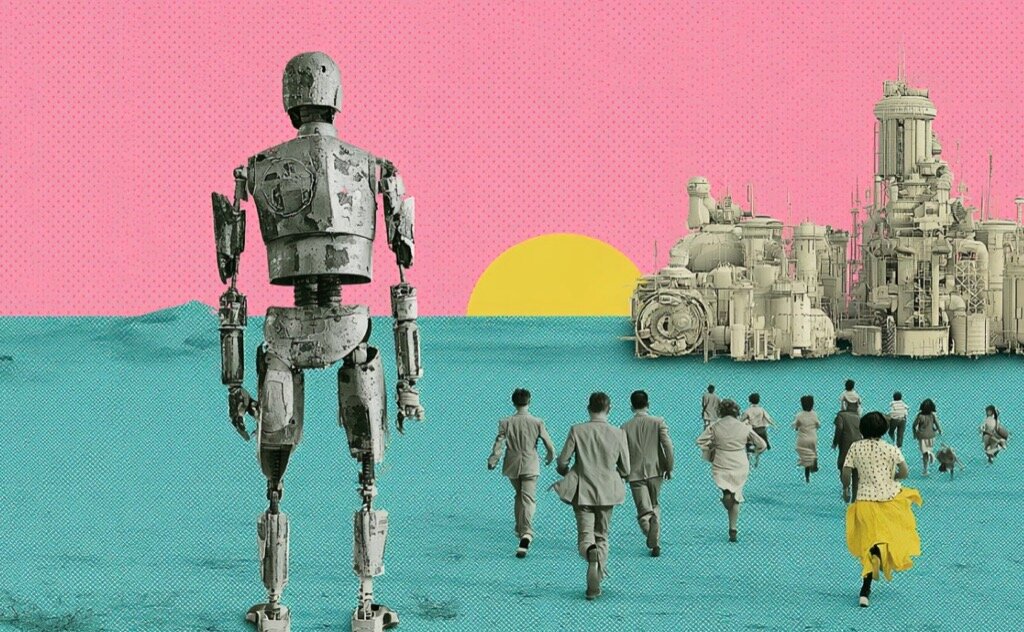 Collage illustration of a giant robot walking toward a retro-futuristic city as people run alongside