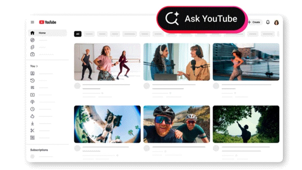 YouTube homepage with the Ask YouTube conversational search button highlighted