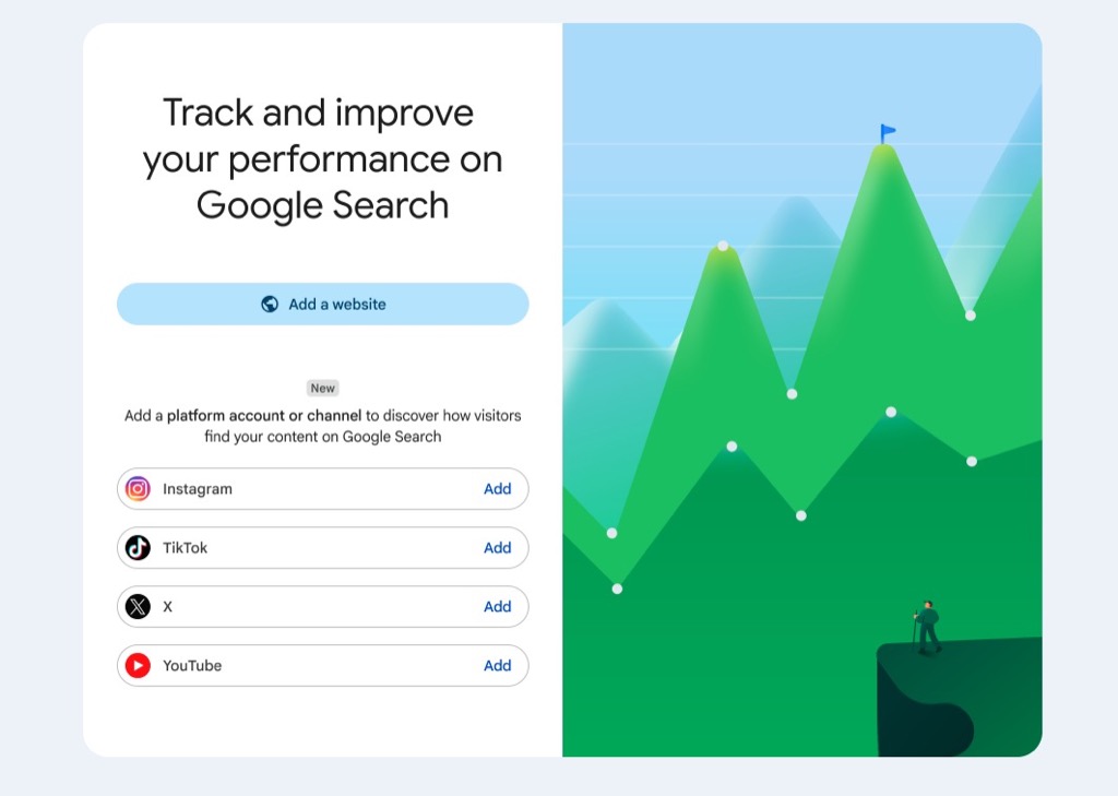 Search Console setup screen offering to add Instagram, TikTok, X, or YouTube platform accounts