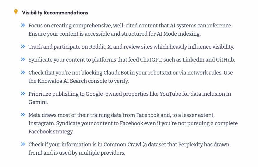 Visibility Recommendations showing actionable insights for improving AI search presence