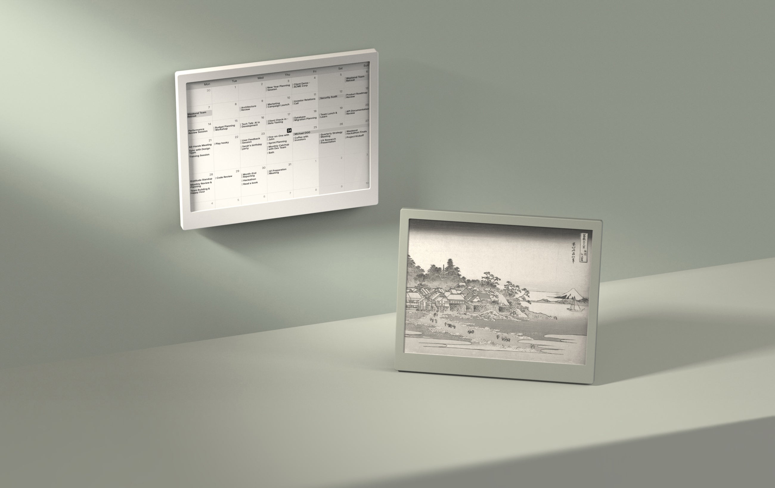 Two TRMNL e-ink displays showing a calendar and a print